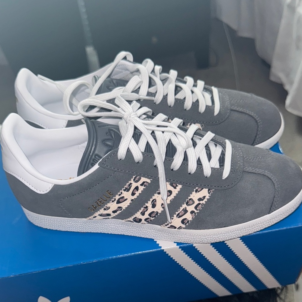Adidas Gray and White Leopard Print Sneakers